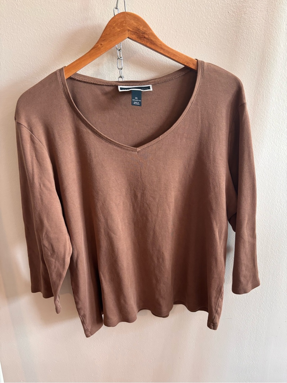 ⁠Karen Scott Taupe Brown 3/4 Sleeve V-Neck 100% Cotton Tee XL⁠